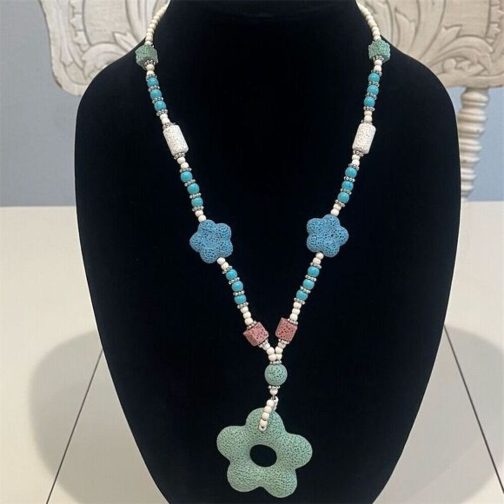 Multicolor Lava & Howlite Beaded Flower Necklace - 28 Inches Handmade